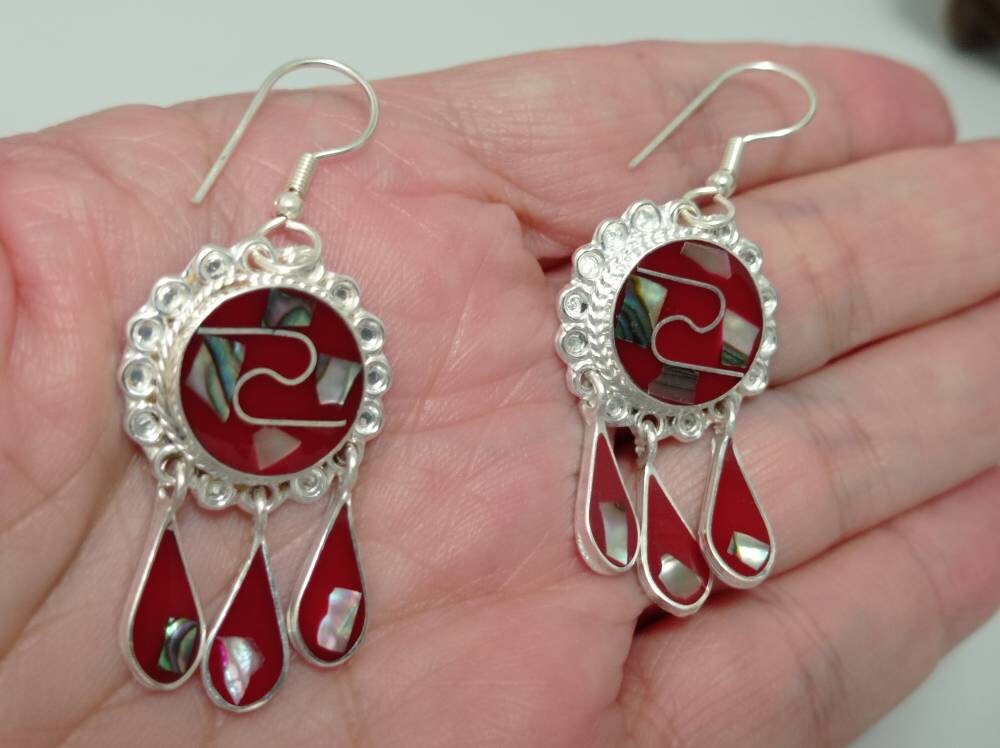 Handmade Silver Plated Mexican Abalone Inlay Tassel Earrings, Boho Statement Jewelry
