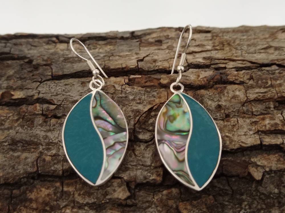 Silver Plated Abalone Shell Earrings – Green Enamel Art Deco Design from Taxco