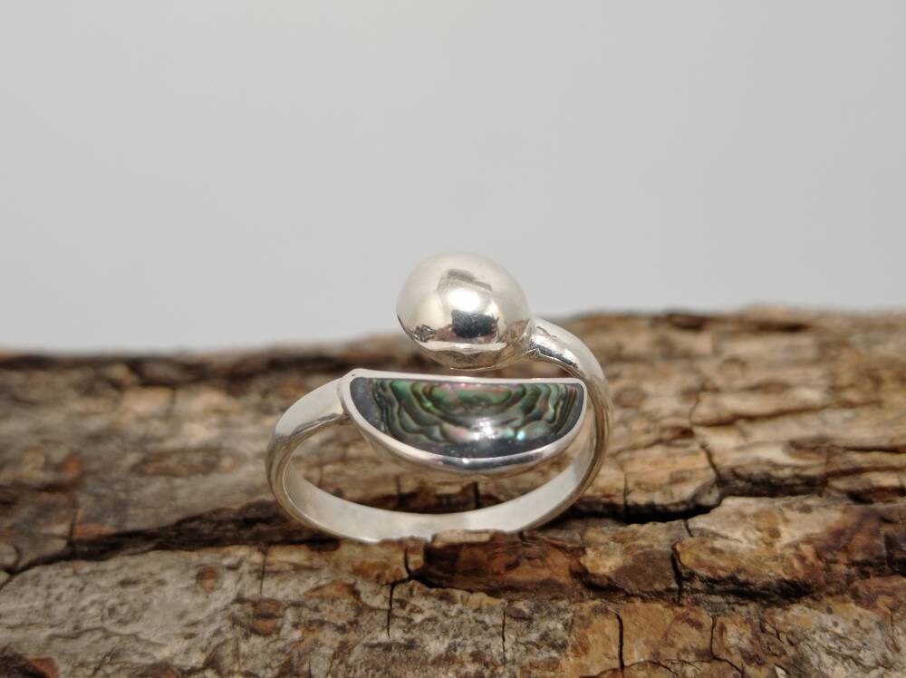 Handcrafted Abalone Crescent Moon Ring, Taxco Artisan Silver Plated Jewelry