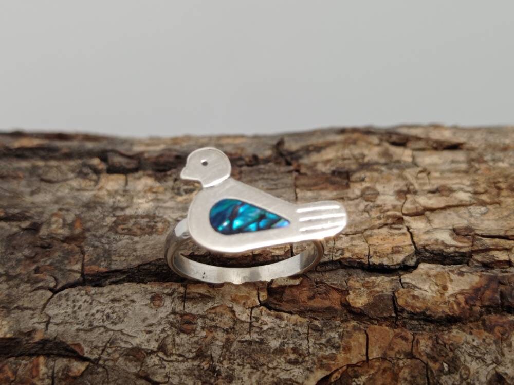 Silver Plated Duck Ring with Blue Abalone – Art Deco Mexican Jewelry