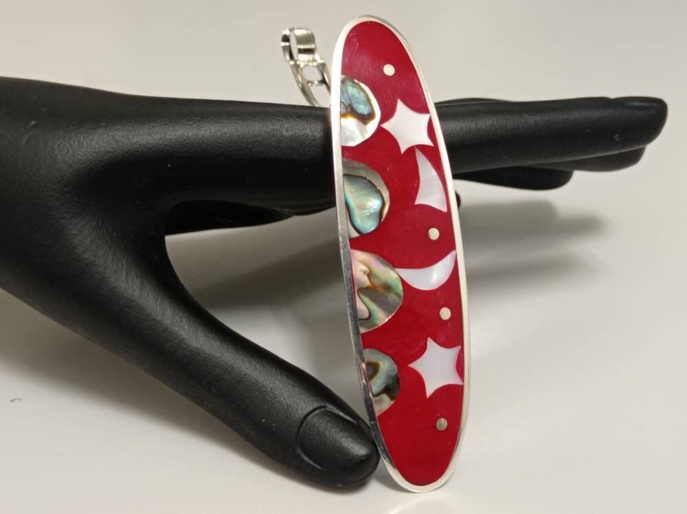 Handmade Silver 950 Hair Barrette: Moon, Star, Kite, Abalone Shell, Red Enamel Resin