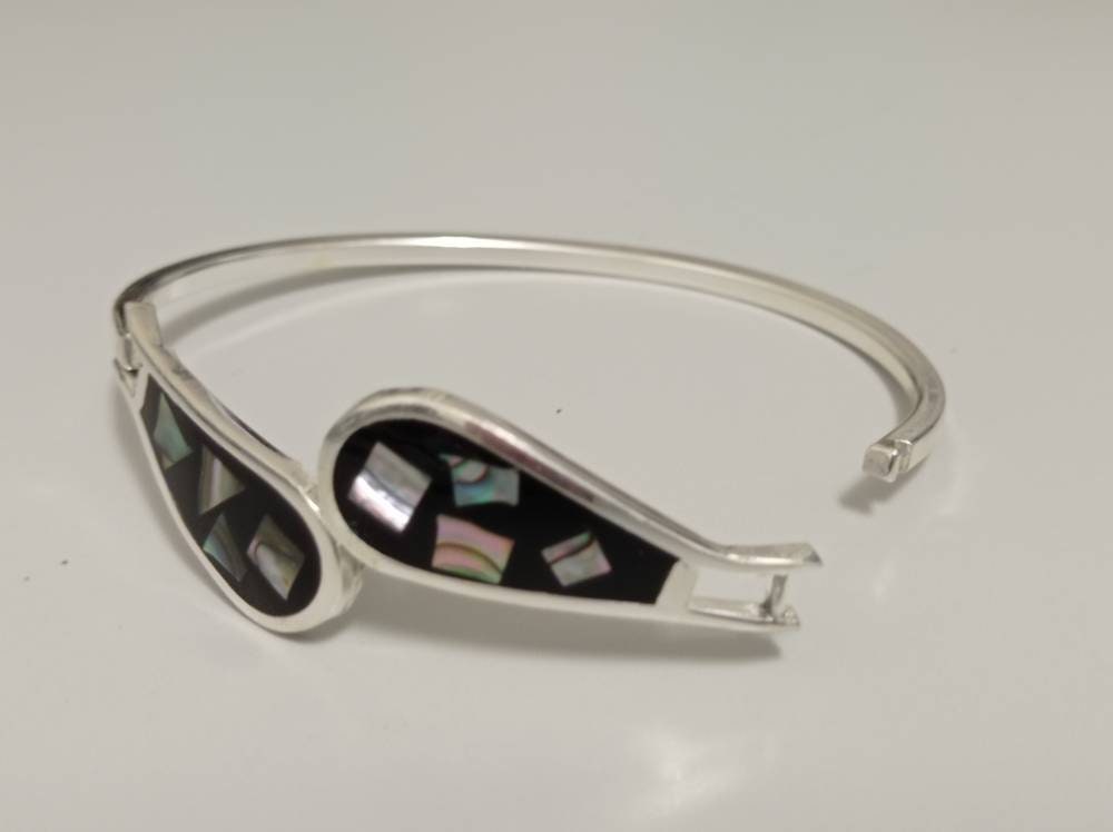 Abalone Black Resin Bangle, Silver Plated Mexican Artisan Cuff, Art Deco Style