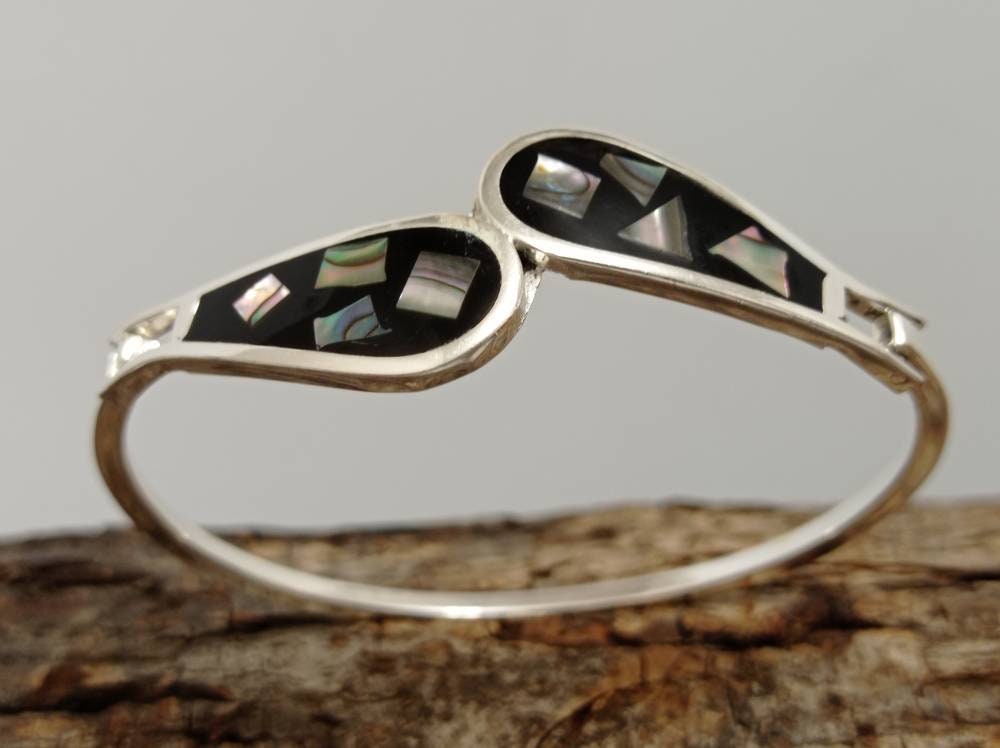 Abalone Black Resin Bangle, Silver Plated Mexican Artisan Cuff, Art Deco Style