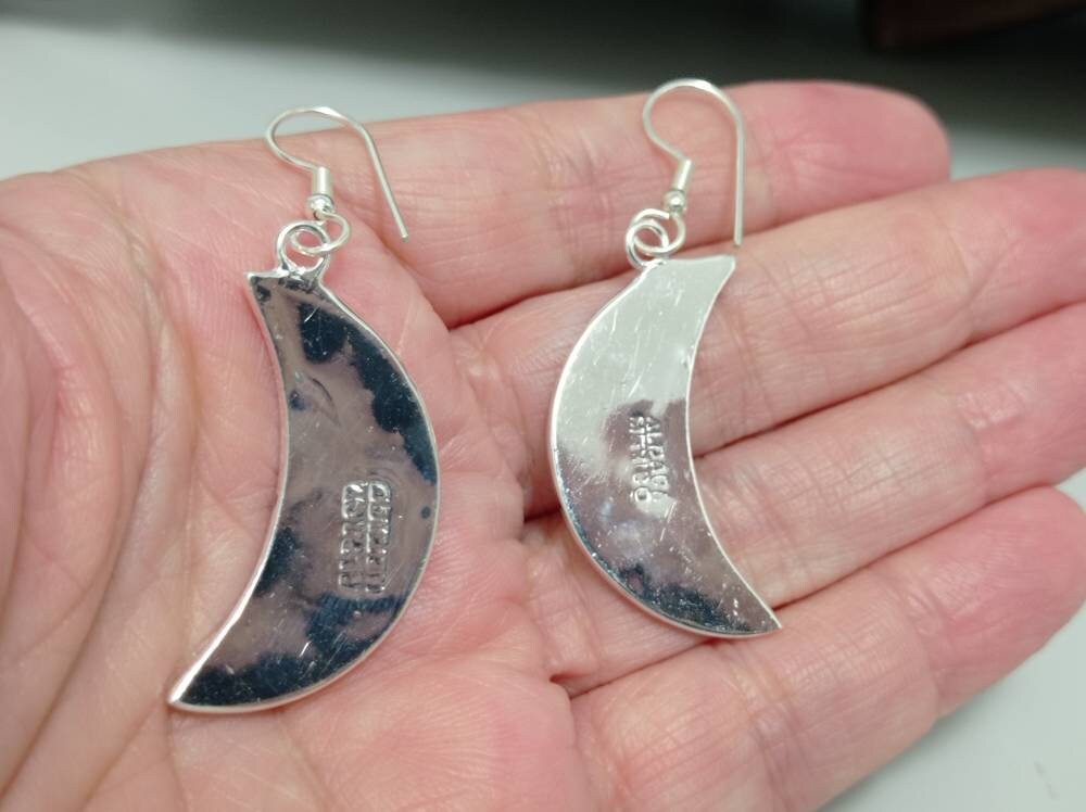 Silver Plated Mexican Abalone Shell Crescent Moon Earrings – Red Enamel Artisan Jewelry