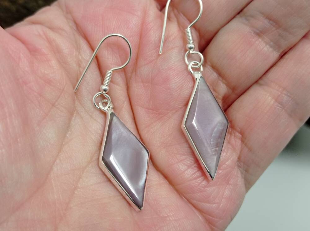 Rose Mother of Pearl Rhombus Earrings, Mexican Silver Plated, Geometric Jewelry