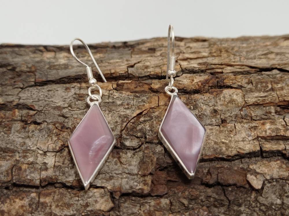 Rose Mother of Pearl Rhombus Earrings, Mexican Silver Plated, Geometric Jewelry