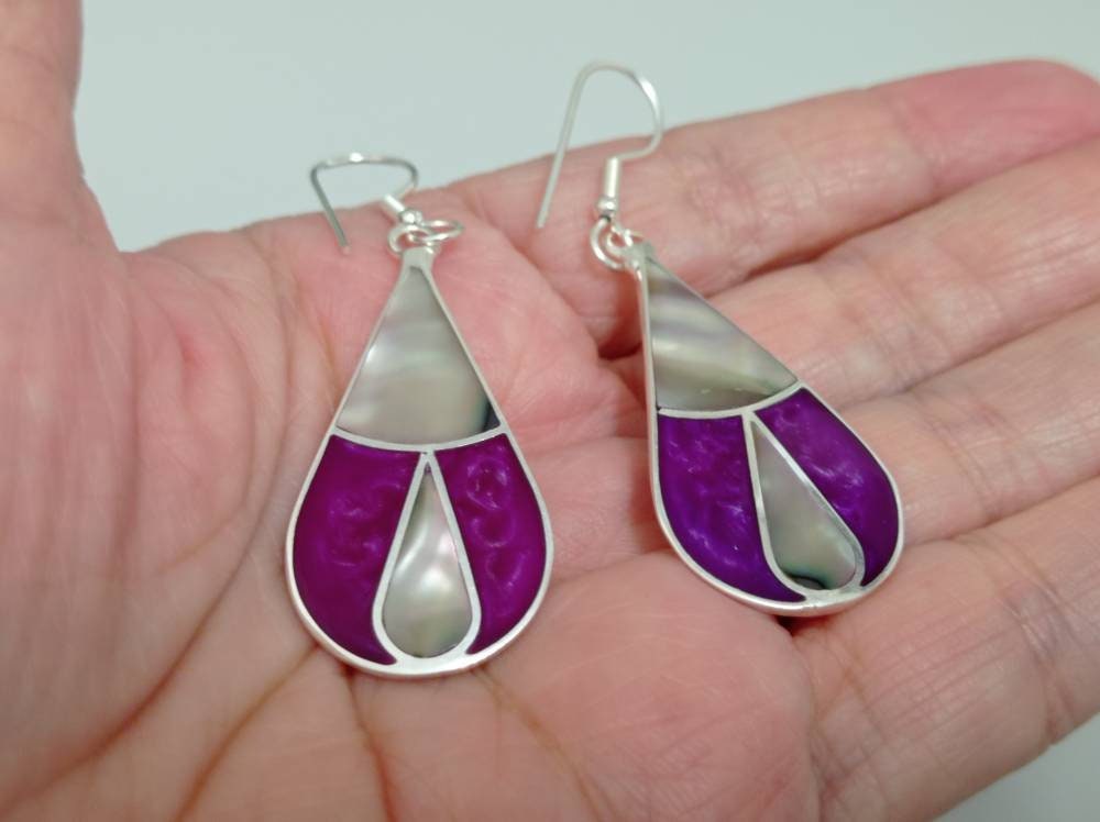 Handmade Silver Plated Mexican Abalone Shell Drop Earrings – Bougainvillea Resin Effect