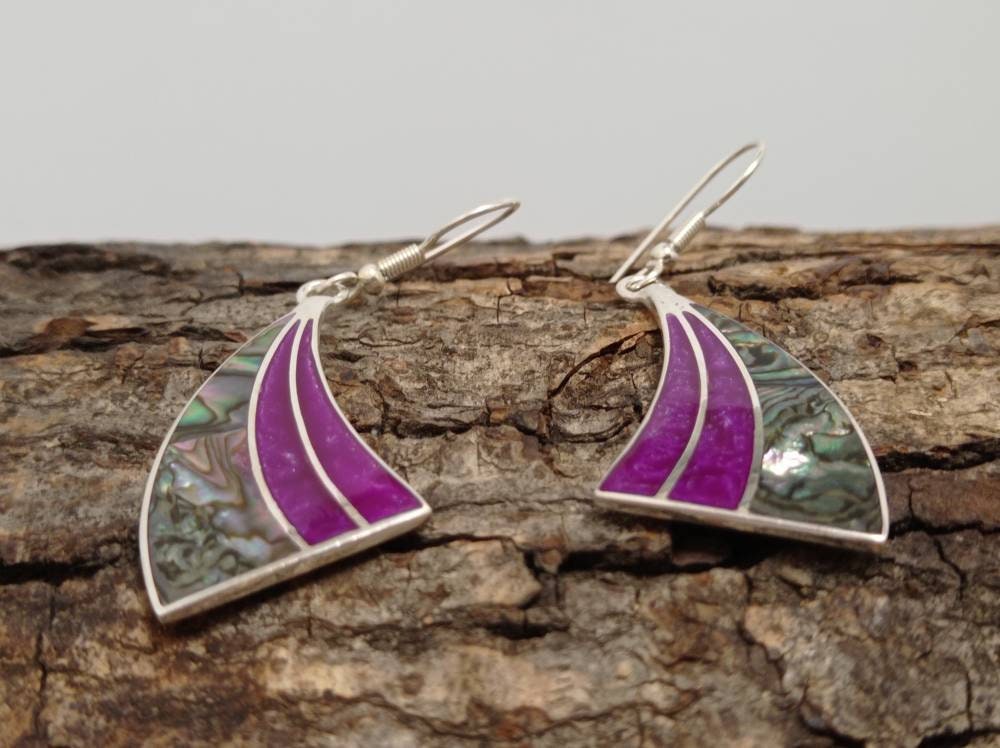 Art Deco Abalone Shell Bougainvillea Resin Earrings, Silver Plated Taxco Jewelry