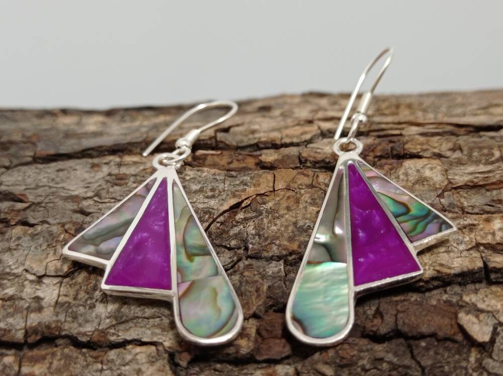 Exquisite Silver-Plated Abalone Shell Fan Earrings with Bougainvillea Resin - Handcrafted Mexican Jewelry from Taxco