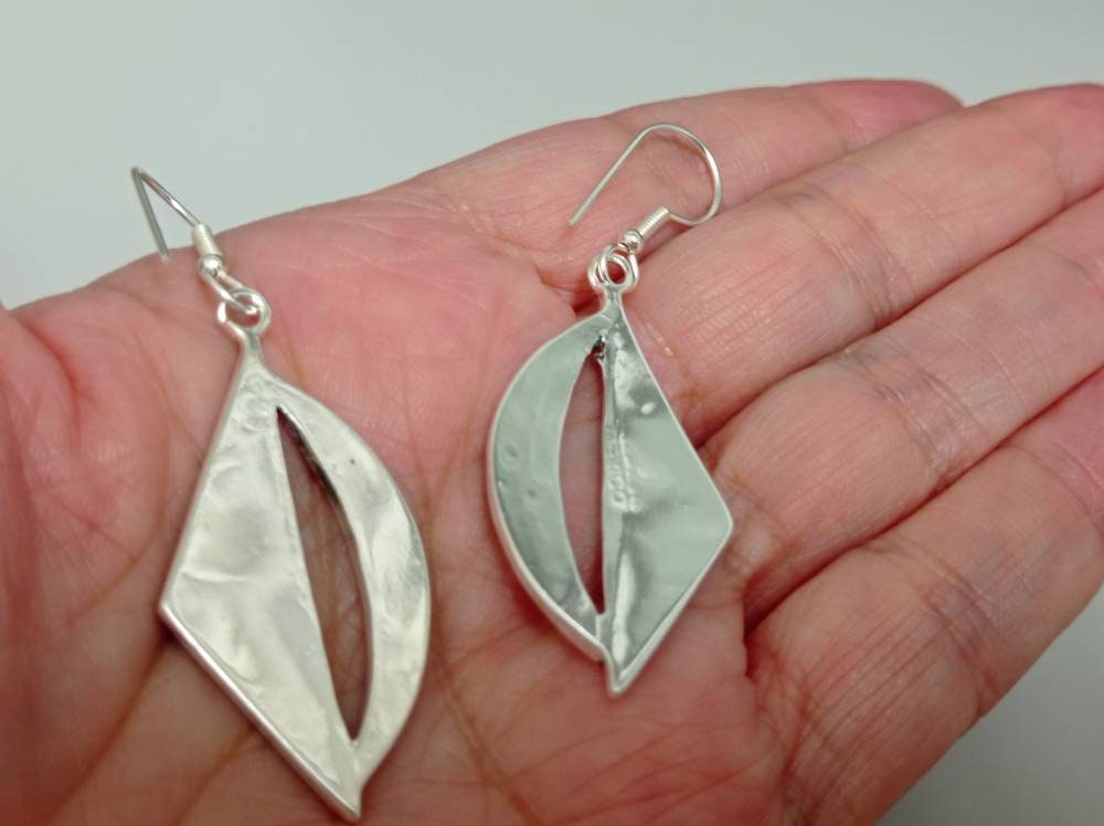Art Deco Silver Plated Abalone Triangle Earrings – Blue Enamel Effect Resin, Taxco Mexico