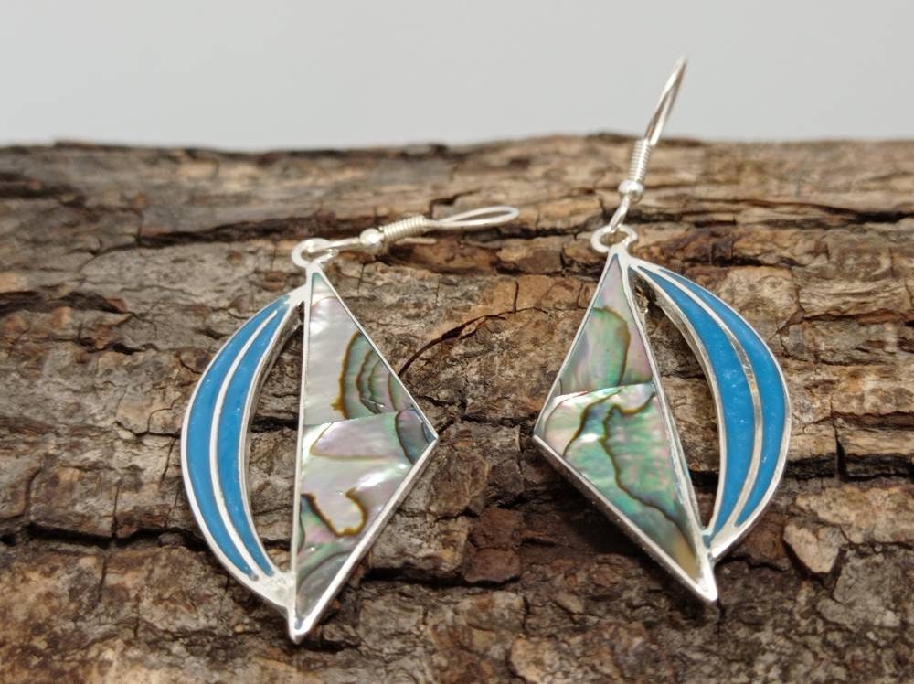 Art Deco Silver Plated Abalone Triangle Earrings – Blue Enamel Effect Resin, Taxco Mexico