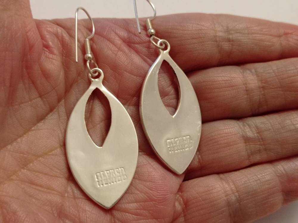 Handcrafted Mexican Abalone Shell Earrings: Silver Plated Blue Enamel Resin, Taxco Artisanal Jewelry