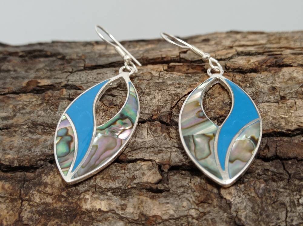 Handcrafted Mexican Abalone Shell Earrings: Silver Plated Blue Enamel Resin, Taxco Artisanal Jewelry