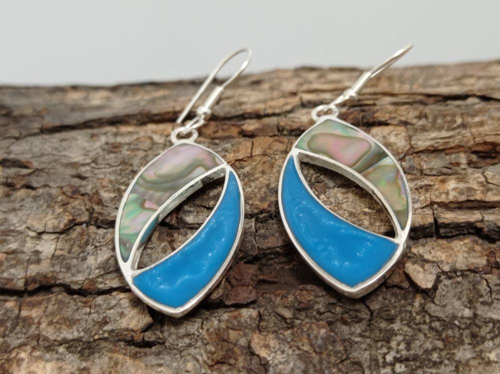 Art Deco Abalone Shell Earrings – Silver Plated Taxco Jewelry, Blue Resin Accents