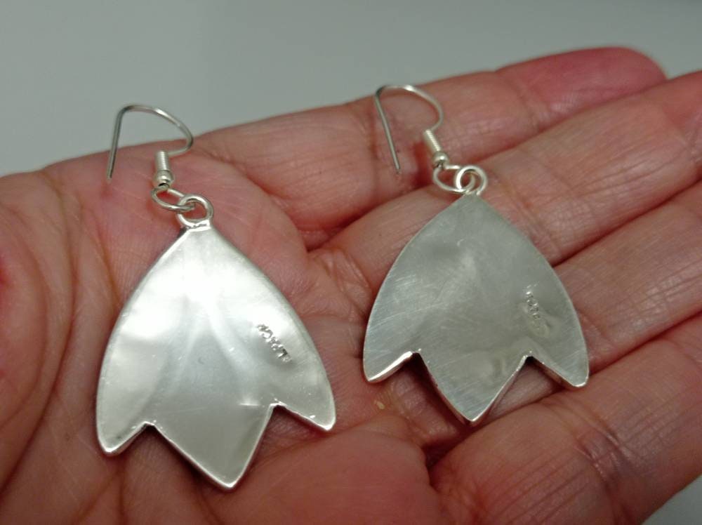 Silver Plated Abalone Shell Tulip Earrings – Blue Resin, Taxco Art Deco Design