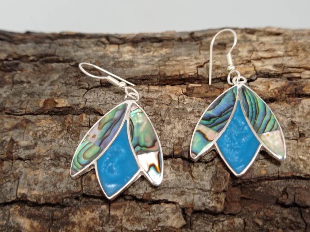 Silver Plated Abalone Shell Tulip Earrings – Blue Resin, Taxco Art Deco Design