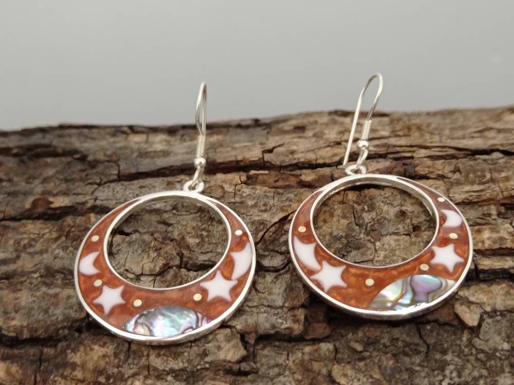 Celestial Hoop Earrings with Abalone Shell – Silver Plated Mexican Artisan Jewelry