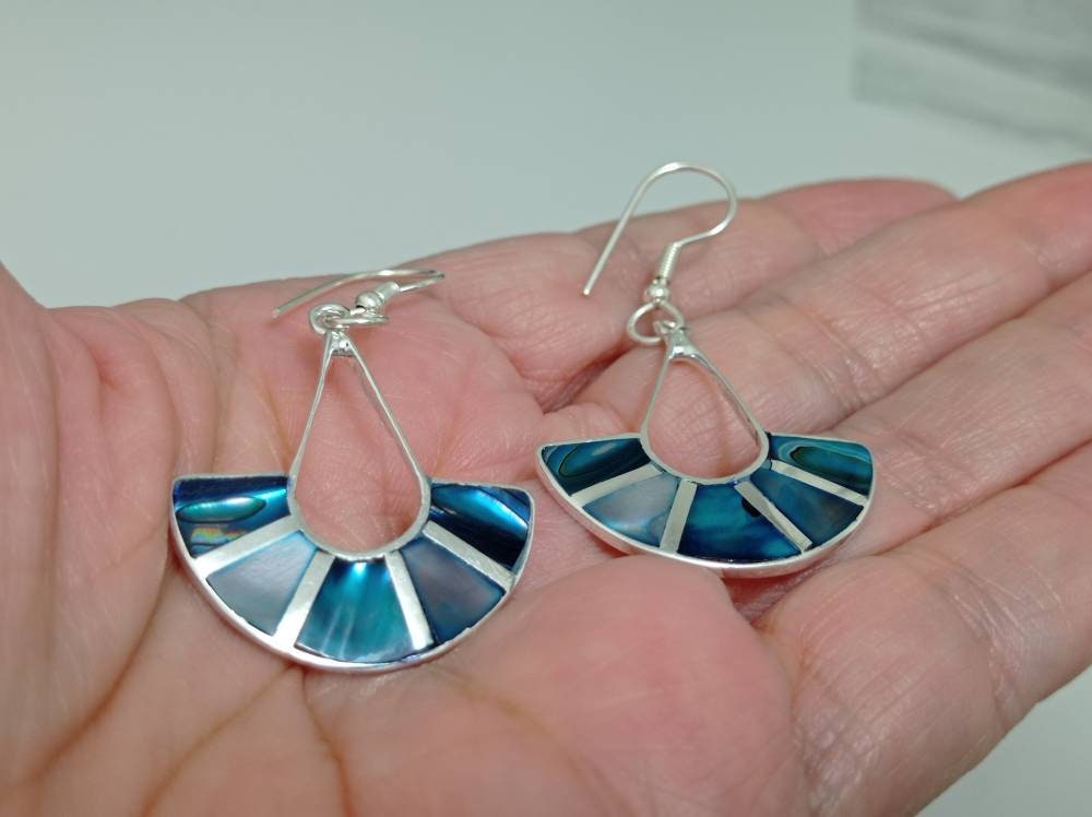 Handcrafted Silver Plated Abalone Shell Fan Earrings, Art Deco Style from Taxco, Mexico