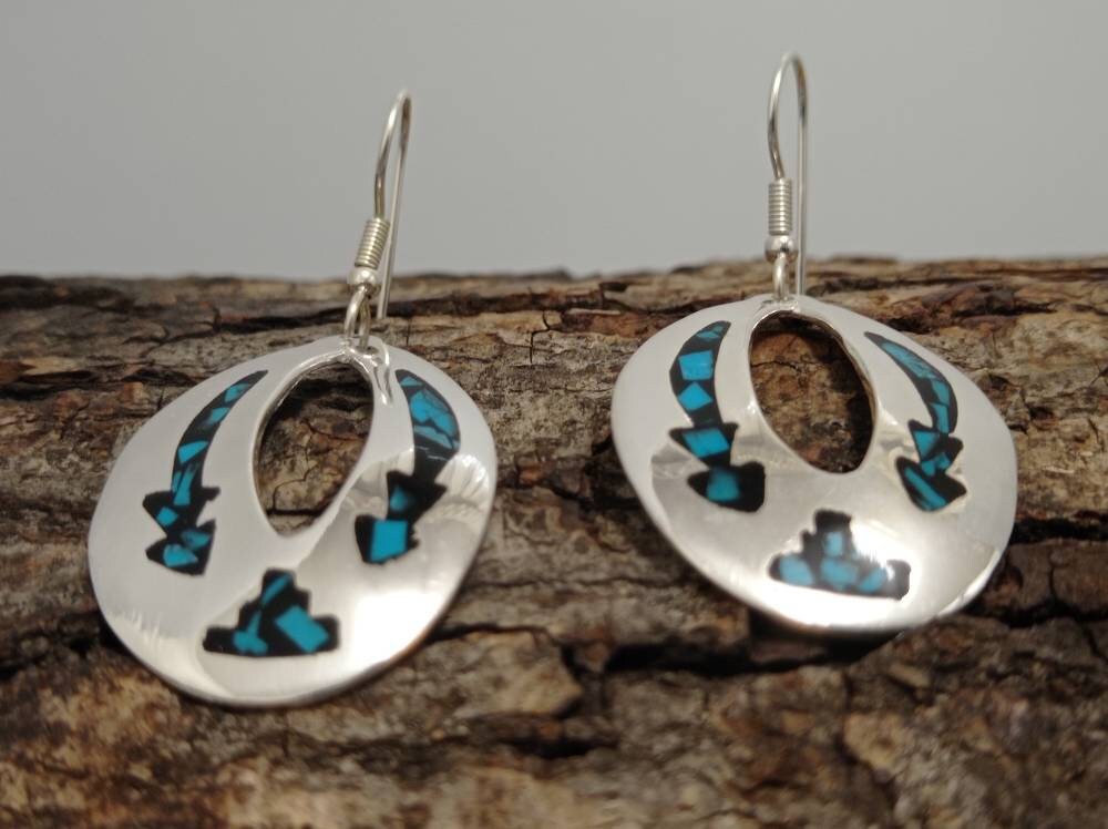Silver Plated Aztec Earrings – Blue Black Resin, Taxco Mexican Artisan Jewelry