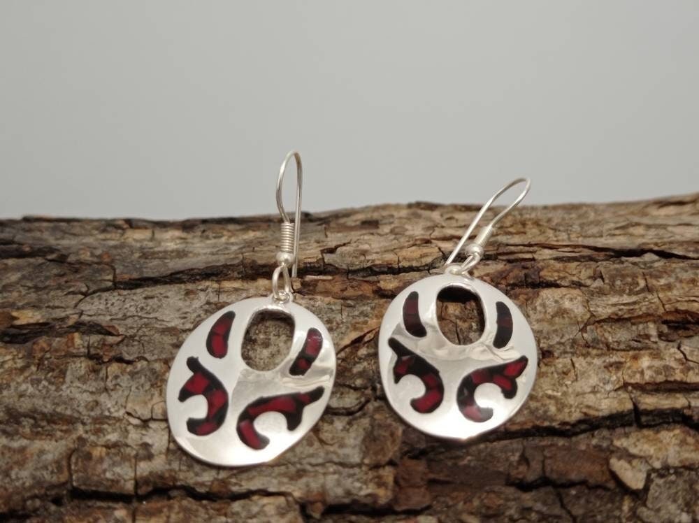 Handcrafted Aztec Earrings: Silver Plated Red & Black Resin Boho Jewelry from Taxco, Mexico