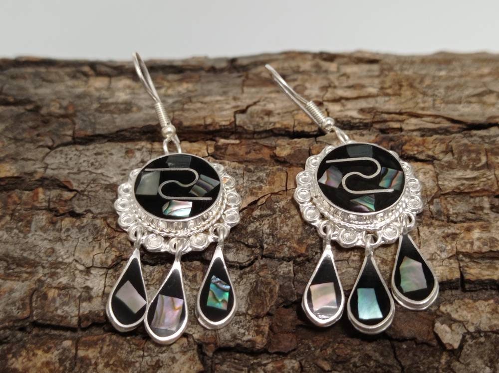 Silver Plated Mexican Tassel Earrings with Mosaic Abalone Inlay