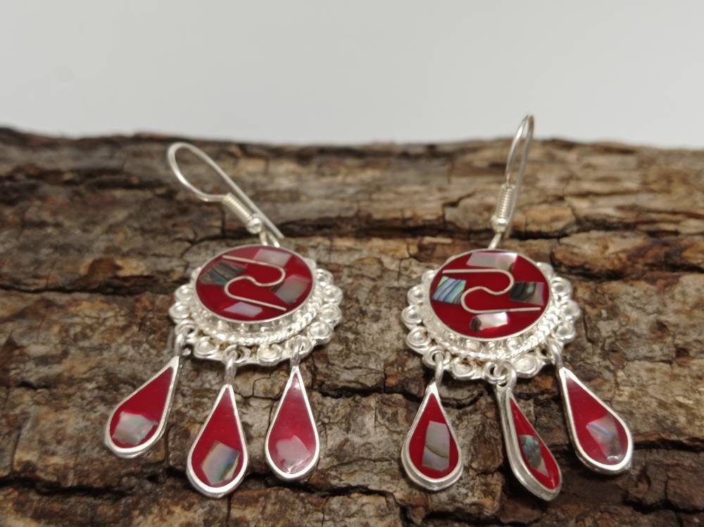 Exquisite Mexican Abalone Silver Plated Earrings with Red Tassel Dangle