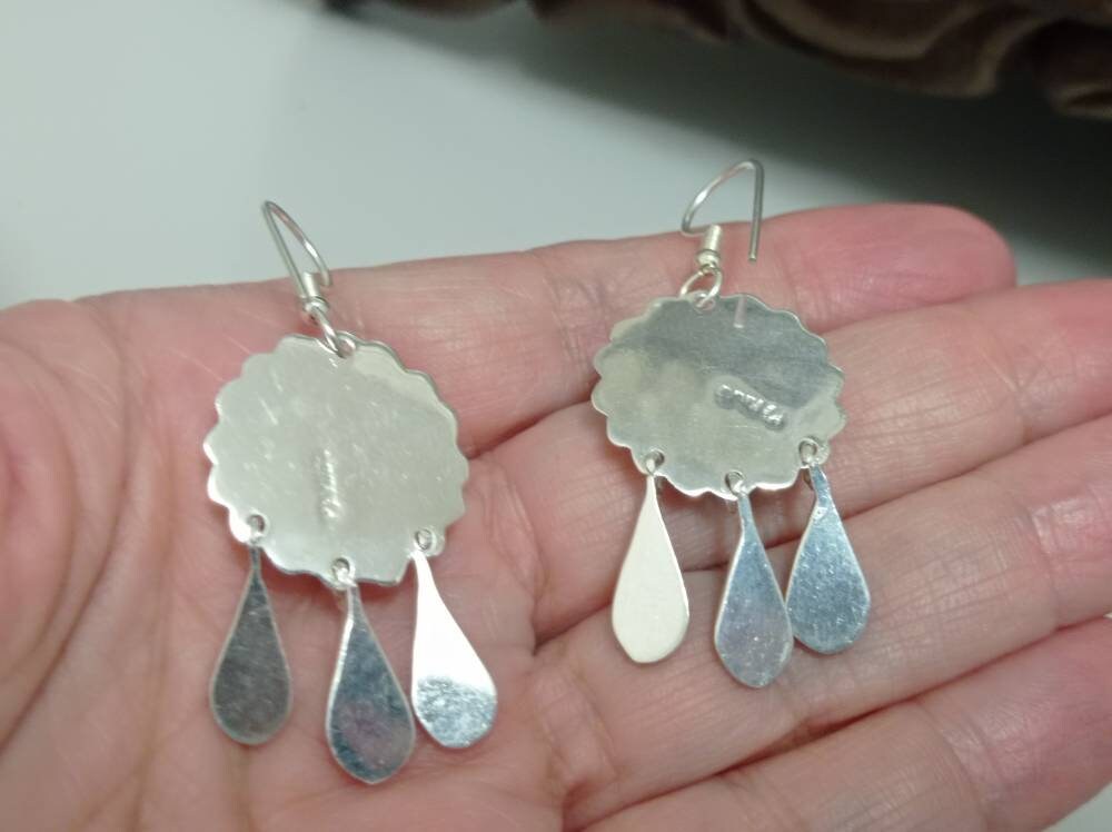 Exquisite Mexican Abalone Silver Plated Earrings with Red Tassel Dangle