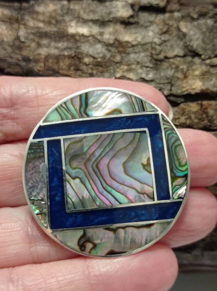 Artisan Mexican Abalone Blue Enamel Geometric Brooch Pendant – Silver Plated Azteca Art Deco