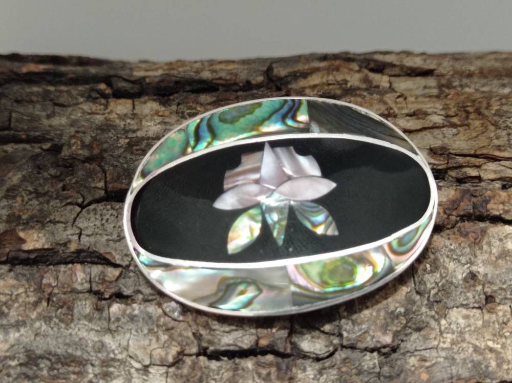 Silver Plated Abalone Inlay Tulip Pendant Brooch: Art Deco Enamel Handcrafted in Taxco, Mexico