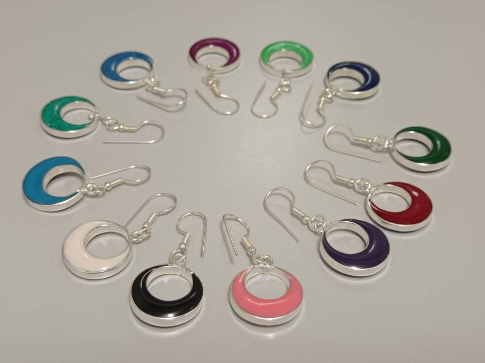 Handcrafted Reversible Silver-Plated Hoop Earrings with Red and Blue Resin - Unique 2-in-1 Statement Jewelry