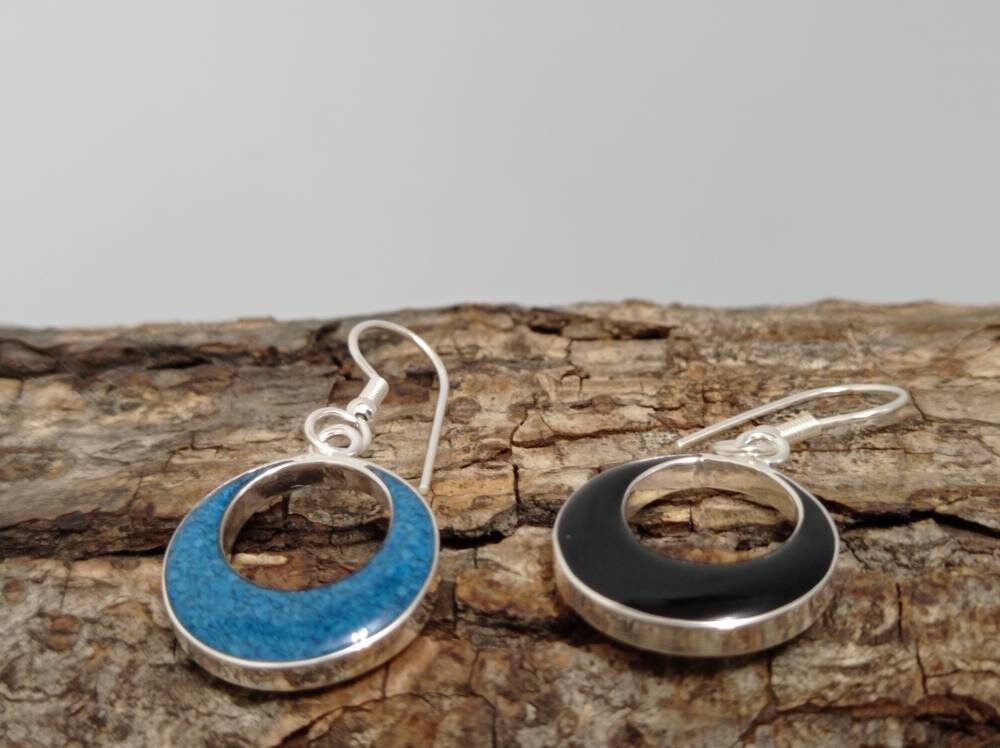Reversible Silver Plated Hoop Earrings, Black Blue Resin, Taxco Artisan Jewelry