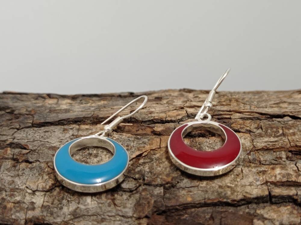 Handcrafted Reversible Silver-Plated Hoop Earrings with Red and Blue Resin - Unique 2-in-1 Statement Jewelry