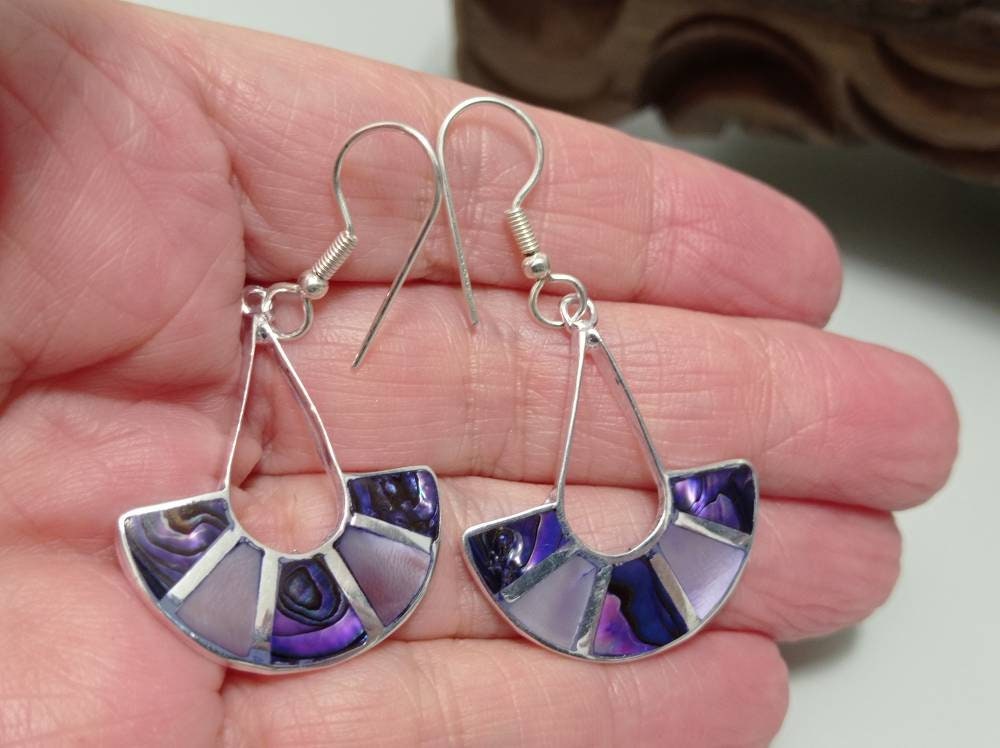 Art Deco Purple Abalone Shell Fan Earrings, Silver Plated Taxco Mexican Jewelry