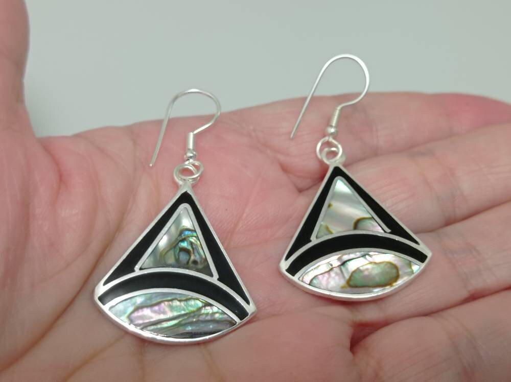 Silver Plated Abalone Inlay Triangle Earrings – Artisan Mexican Design