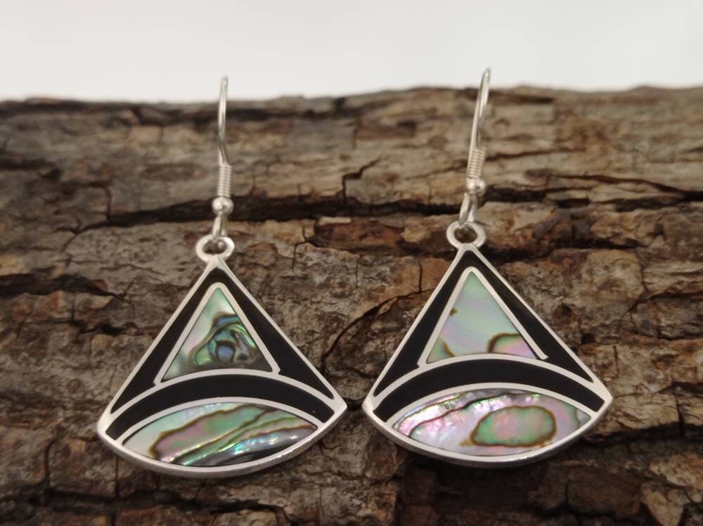 Silver Plated Abalone Inlay Triangle Earrings – Artisan Mexican Design