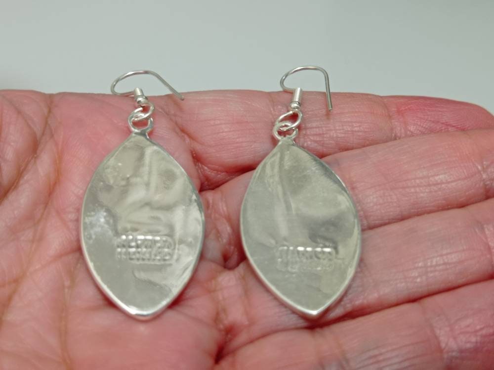 Silver Plated Abalone Shell Earrings – Green Enamel Art Deco Design from Taxco