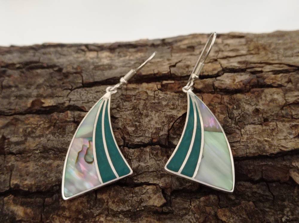 Art Deco Silver Plated Abalone Inlay Earrings – Mexican Taxco Dangle, Green Resin