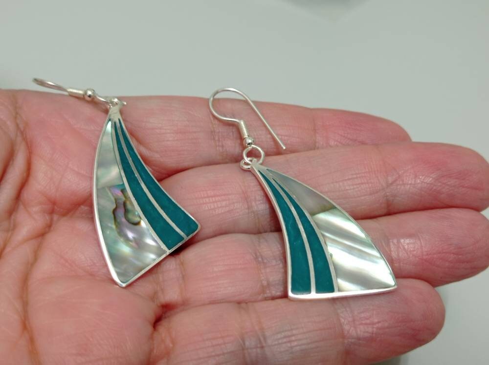 Art Deco Silver Plated Abalone Inlay Earrings – Mexican Taxco Dangle, Green Resin