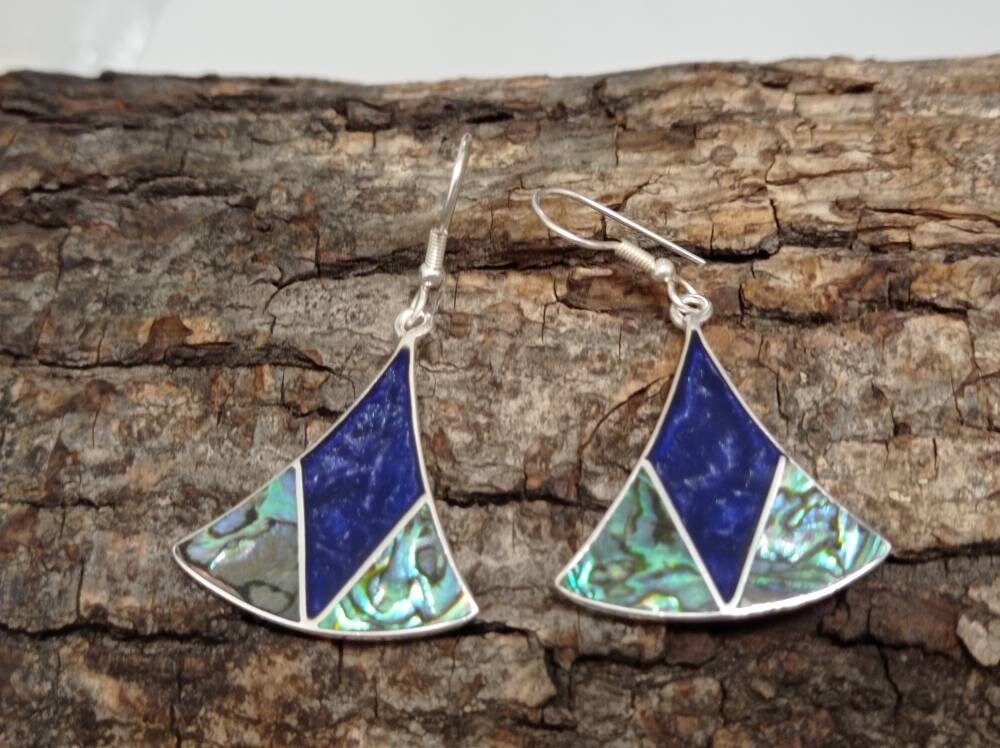 Art Deco Abalone Inlay Triangle Earrings – Silver Plated Mexican Jewelry