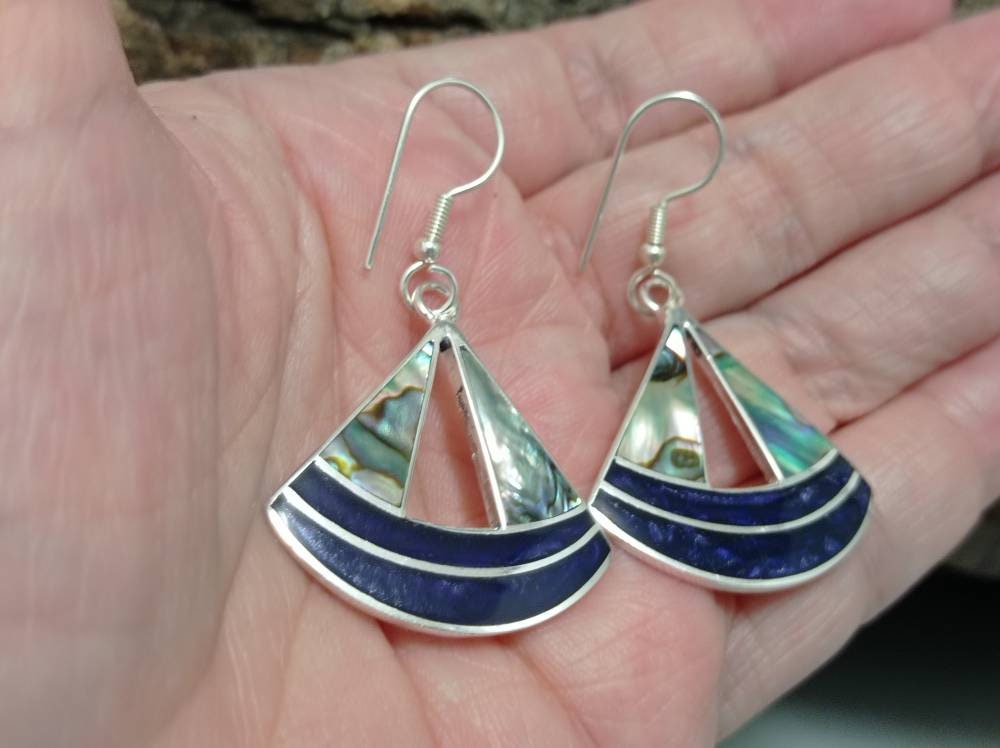 Handcrafted Abalone Shell Fan Earrings, Blue Resin, Silver Plated 950, Mexican Artisan Jewelry