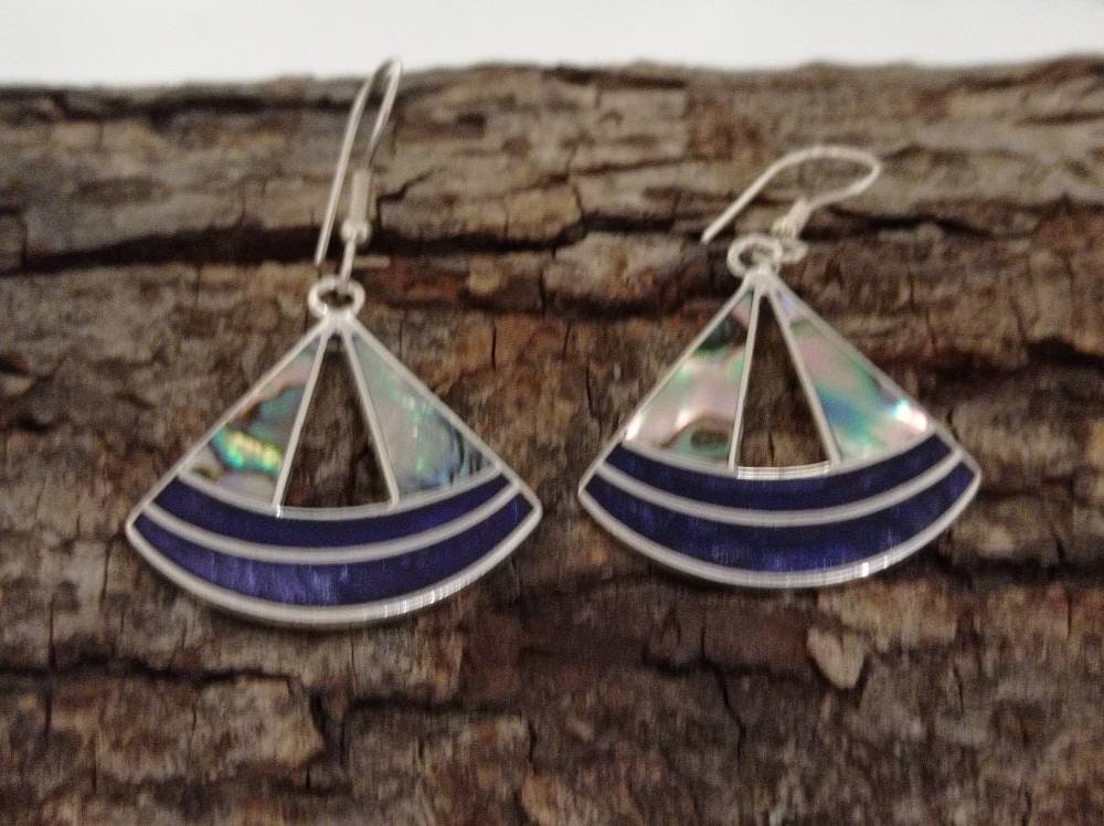 Handcrafted Abalone Shell Fan Earrings, Blue Resin, Silver Plated 950, Mexican Artisan Jewelry