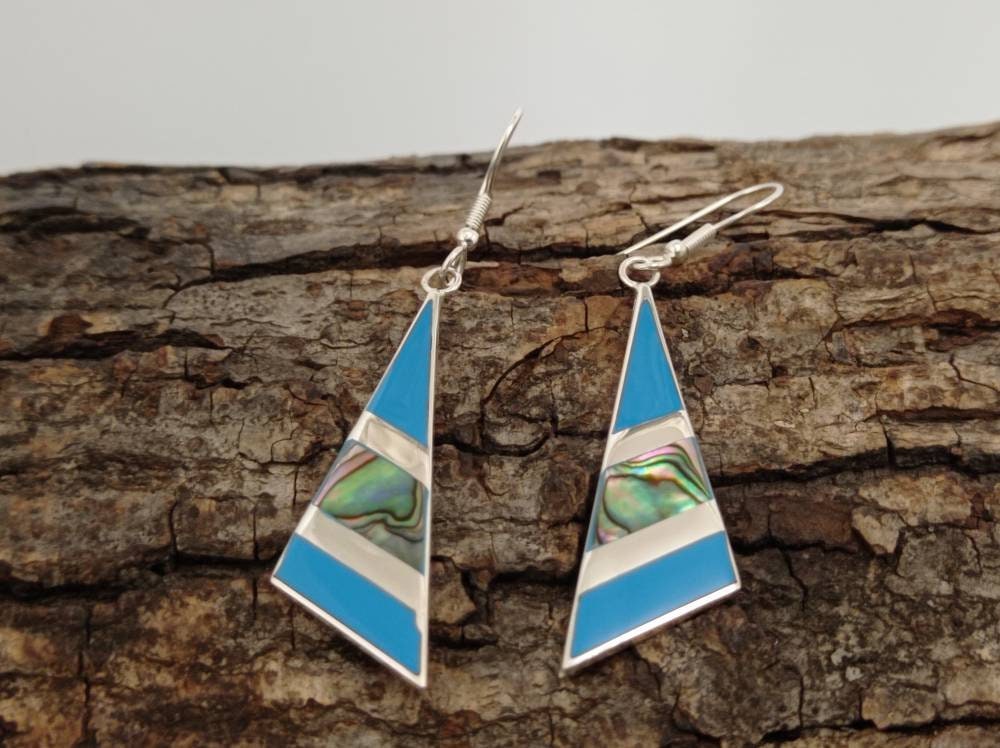 Geometric Abalone Inlay Earrings: Silver Plated Mexican Artisan Jewelry, Triangle Design