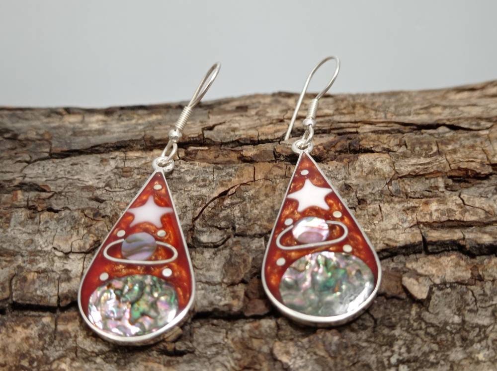 Handcrafted Silver Plated Abalone Celestial Earrings, Mexican Boho Moon Star Jewelry