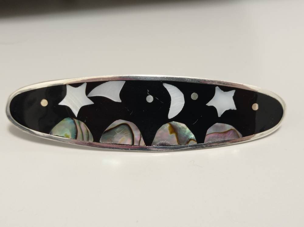 Silver Plated Moon Star Hair Clip – Artisan Mexican Abalone Shell Barrette