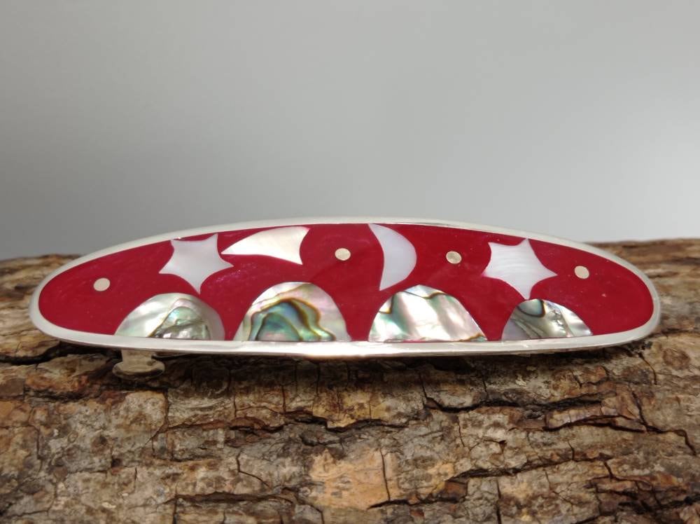 Handcrafted Silver Plated Hair Barrette with Mother of Pearl Celestial Design from Taxco, Mexico