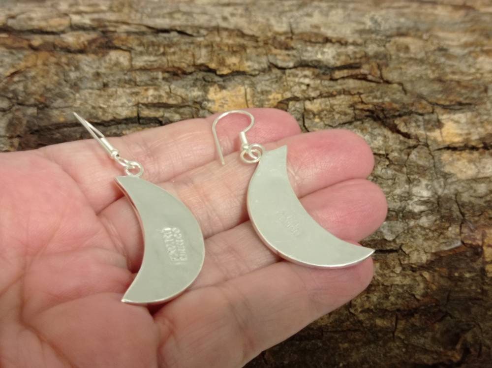 Abalone Shell Crescent Moon Earrings – Red Resin, Silver Plated, Taxco Artisan Jewelry