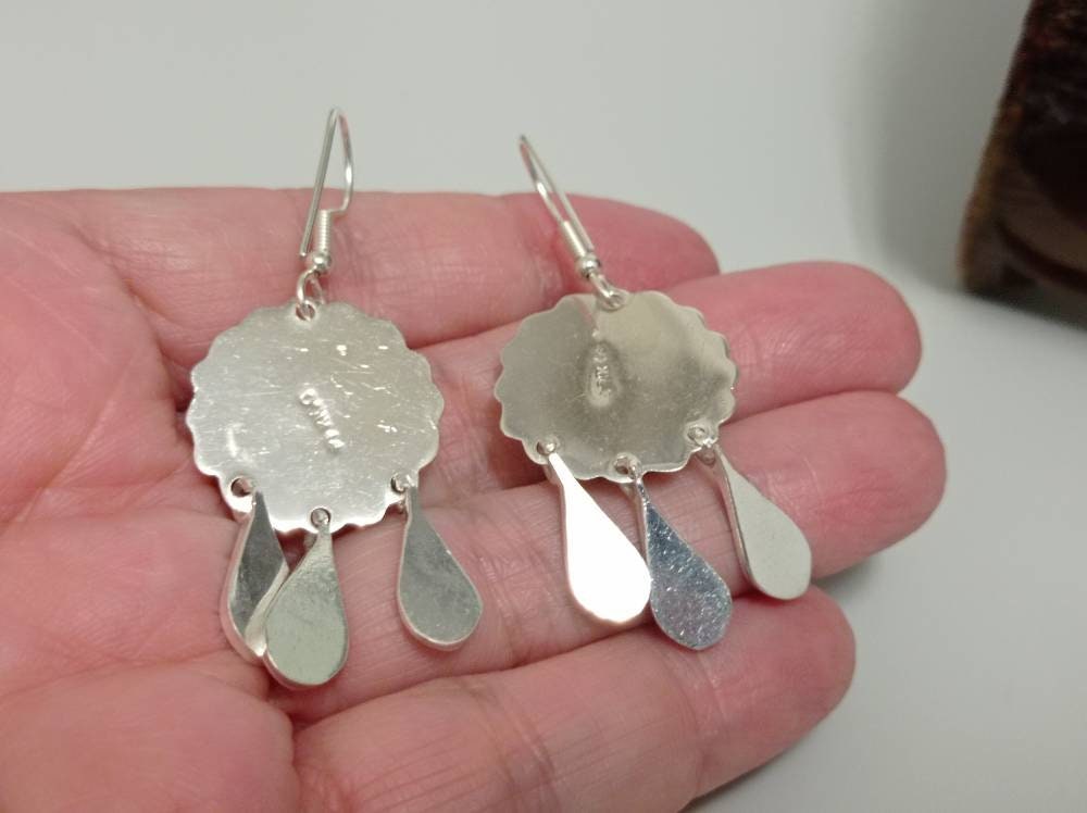 Silver Plated Mexican Tassel Earrings with Mosaic Abalone Inlay