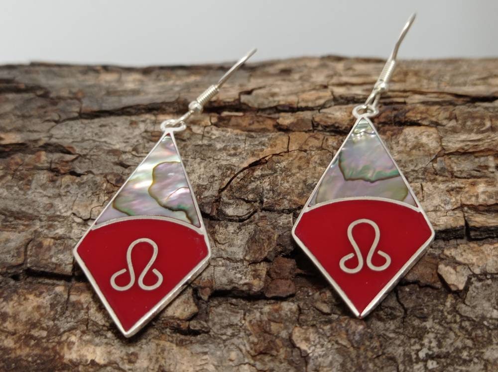 Silver Plated Abalone Shell Earrings – Red Enamel Rhombus Art Deco Design