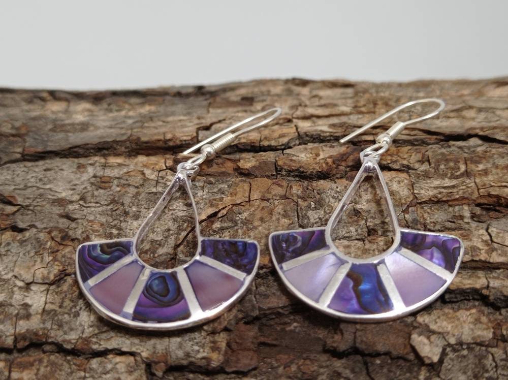 Art Deco Purple Abalone Shell Fan Earrings, Silver Plated Taxco Mexican Jewelry