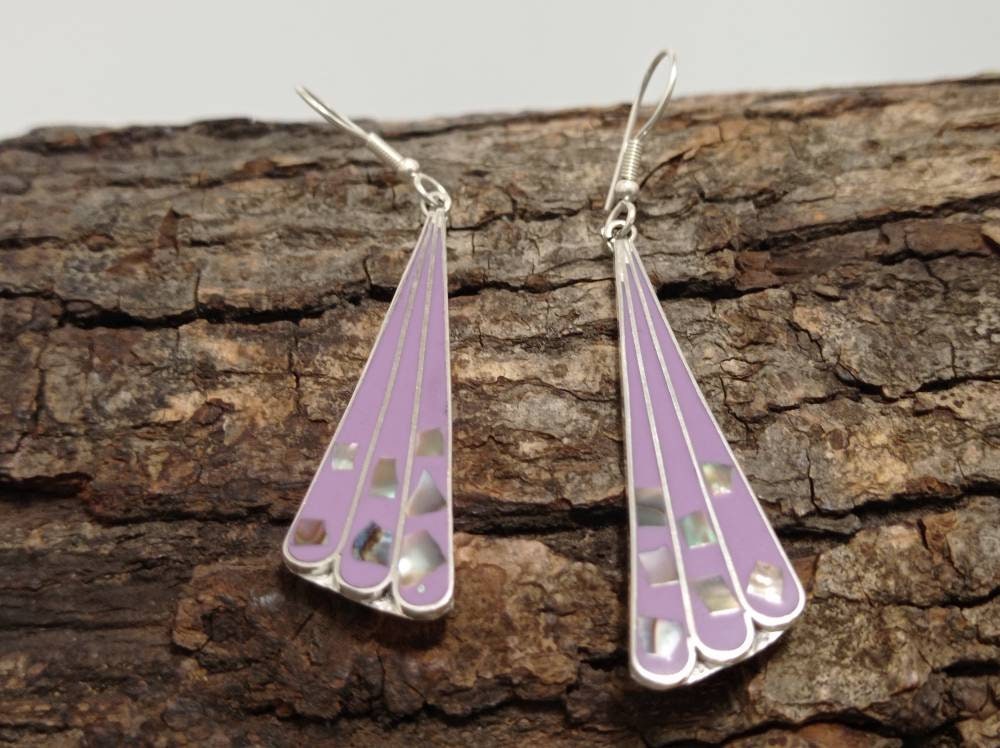 Elegant Art Deco Silver Plated Earrings with Lavender Enamel Abalone Inlay